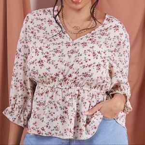 Plus V-Neck Ditsy Floral Peplum Blouse